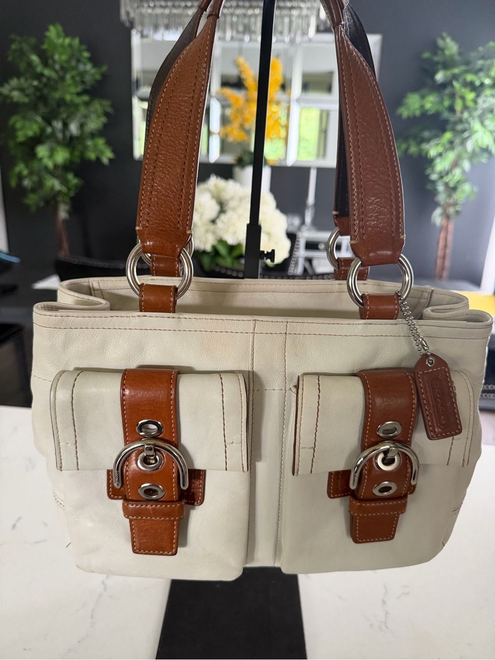 Vintage Coach Soho Double Pocket Cream and Tan Leather- Women Bags